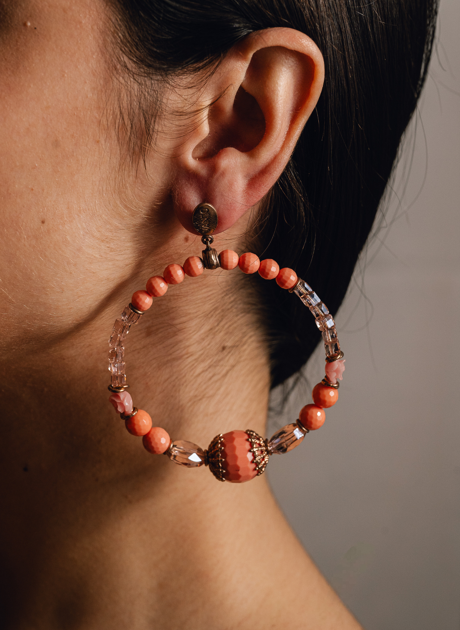Silver and Coral Resin Hoops