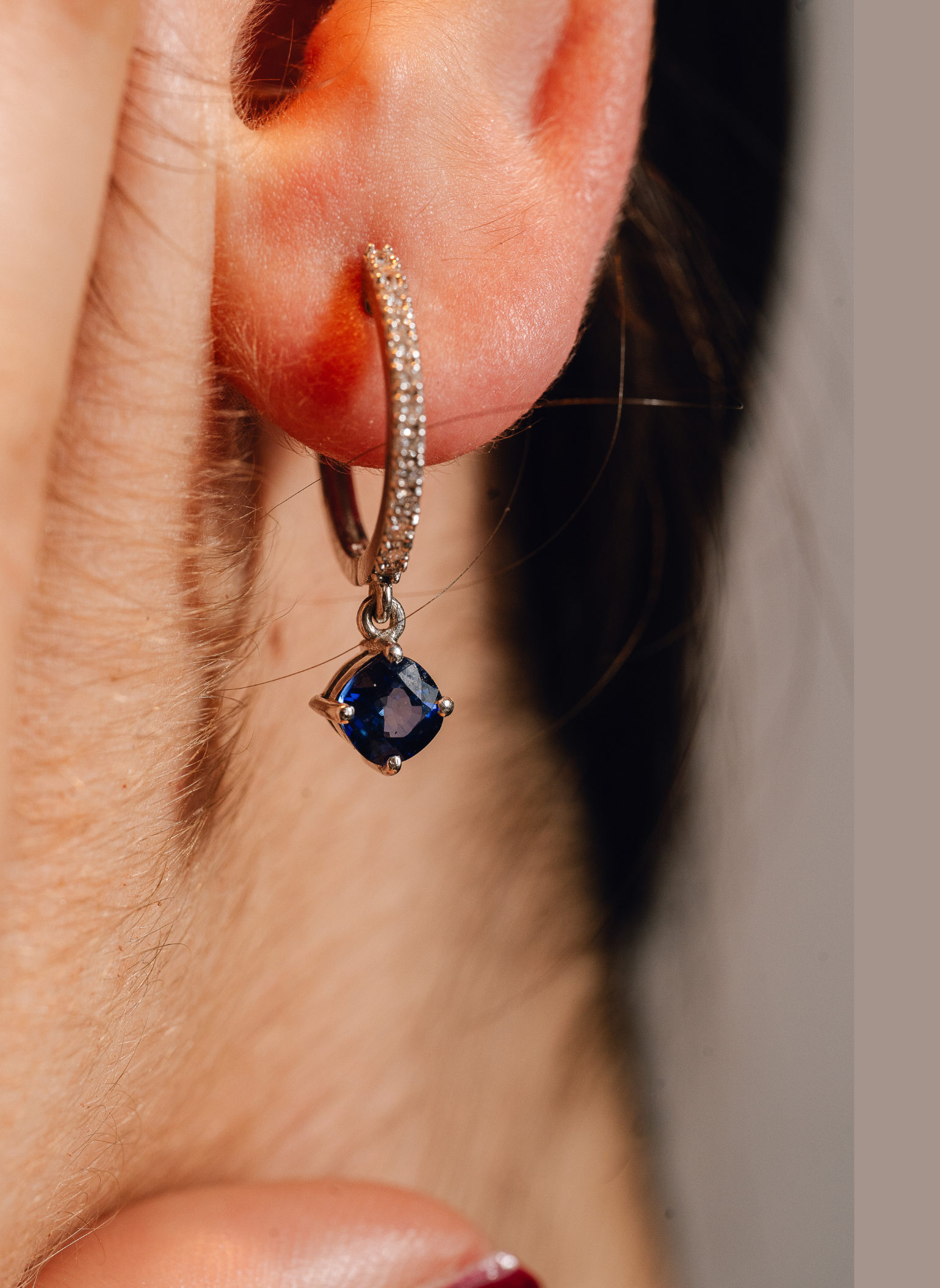 Small Pavé Gold and Diamond and Sapphire Pendant Hoops