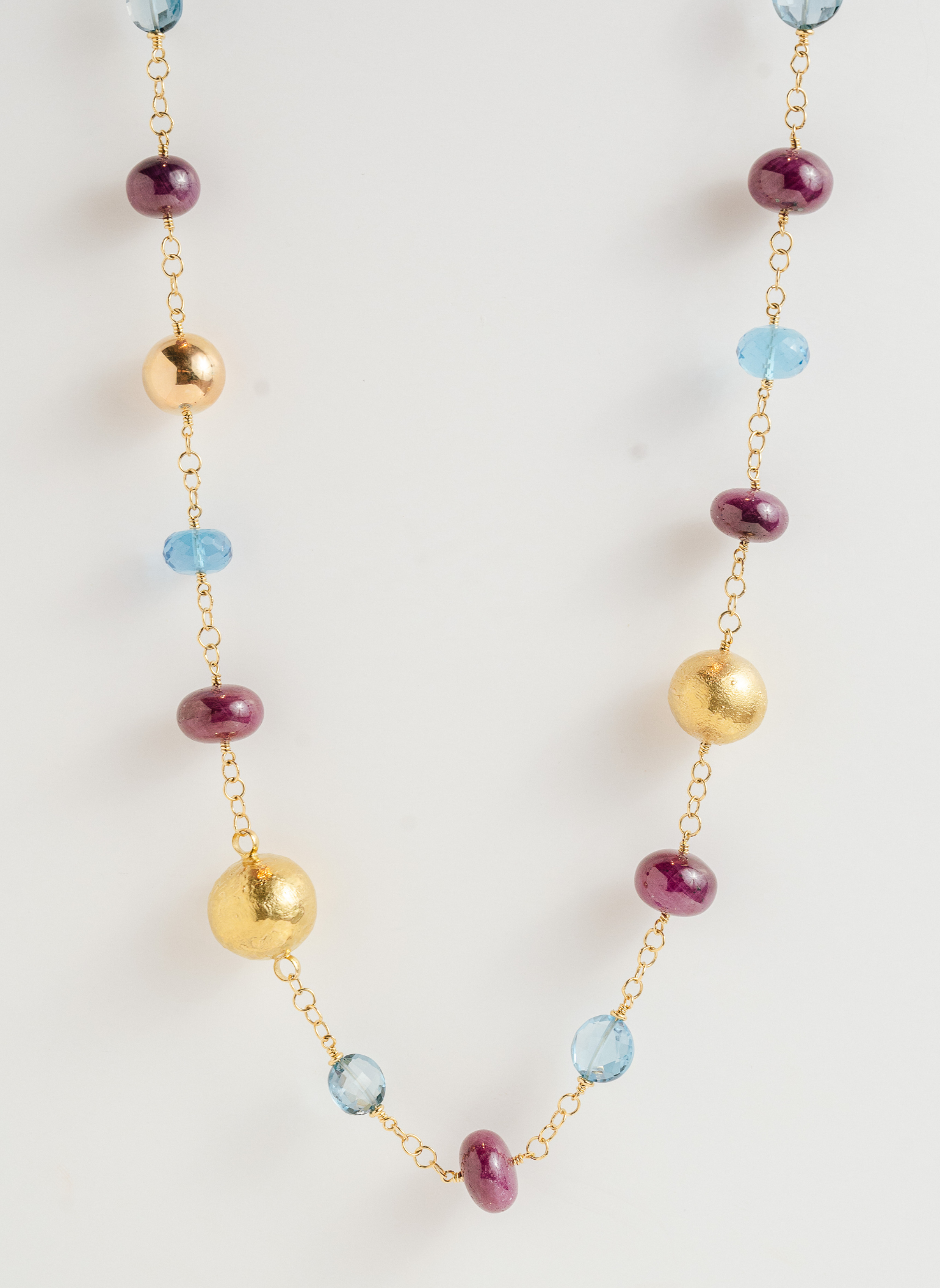 Opera Necklace Yellow gold, Ruby and Blue Topaz