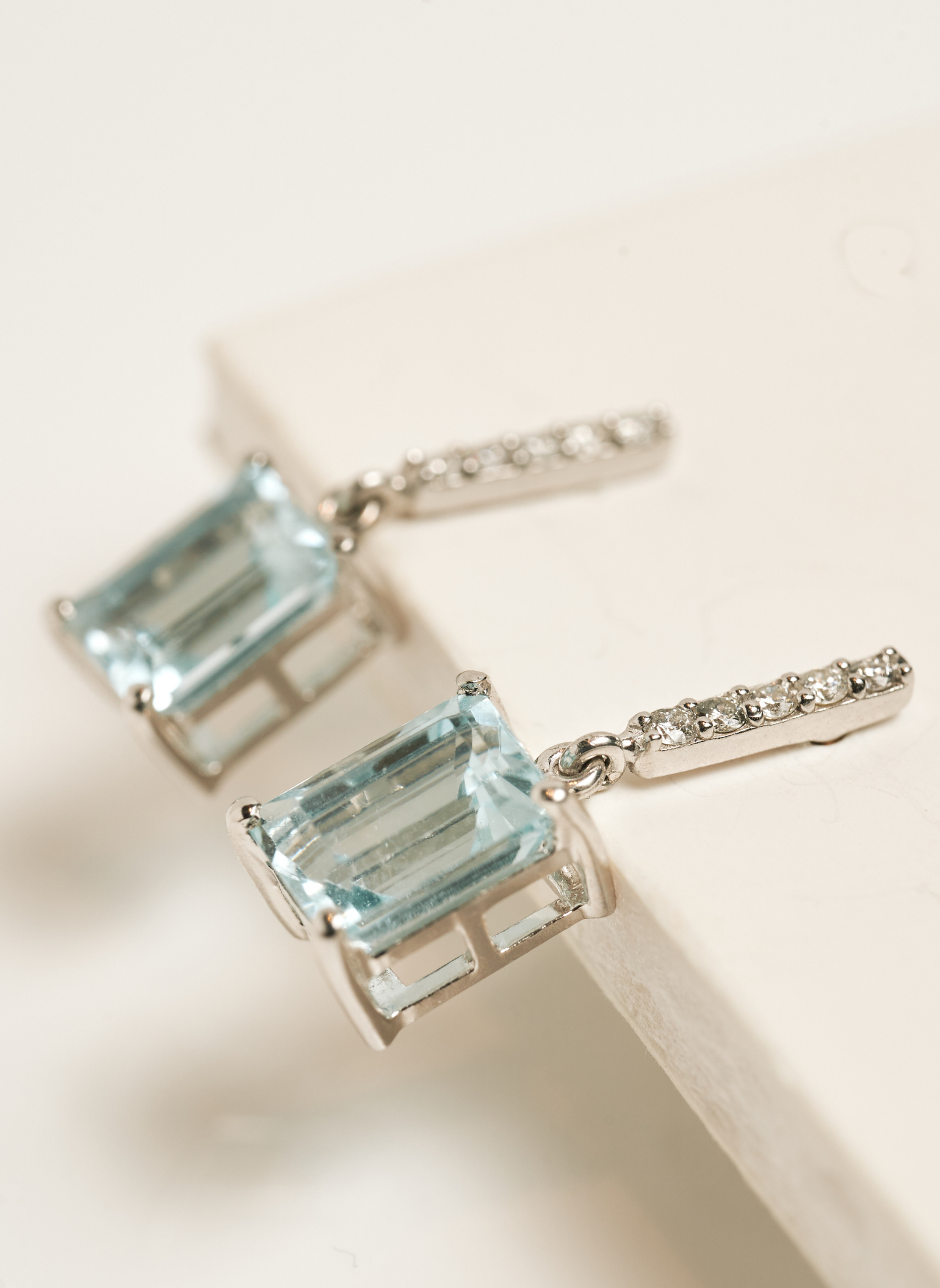 Row of Diamonds and Aquamarine Princess Cut Earrings
