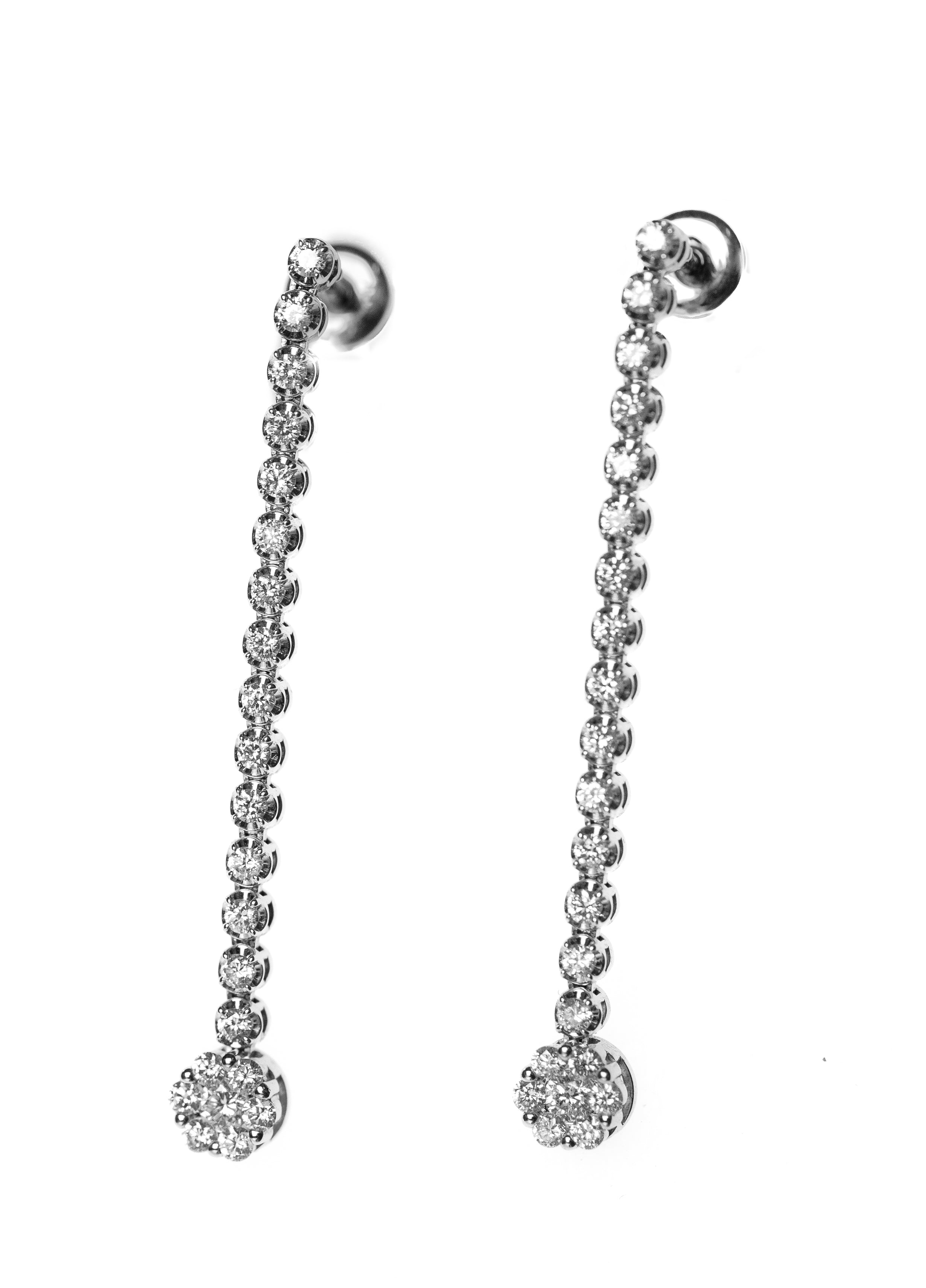Long Rosette Row of Diamonds and White Gold Earrings