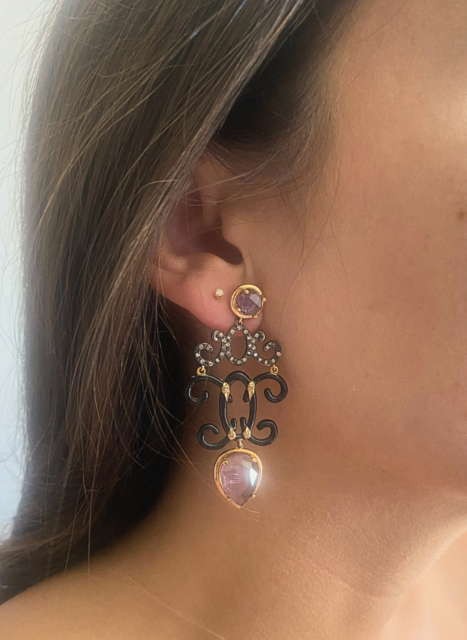 Chandelier Rose Gold and Amethysts Earrings