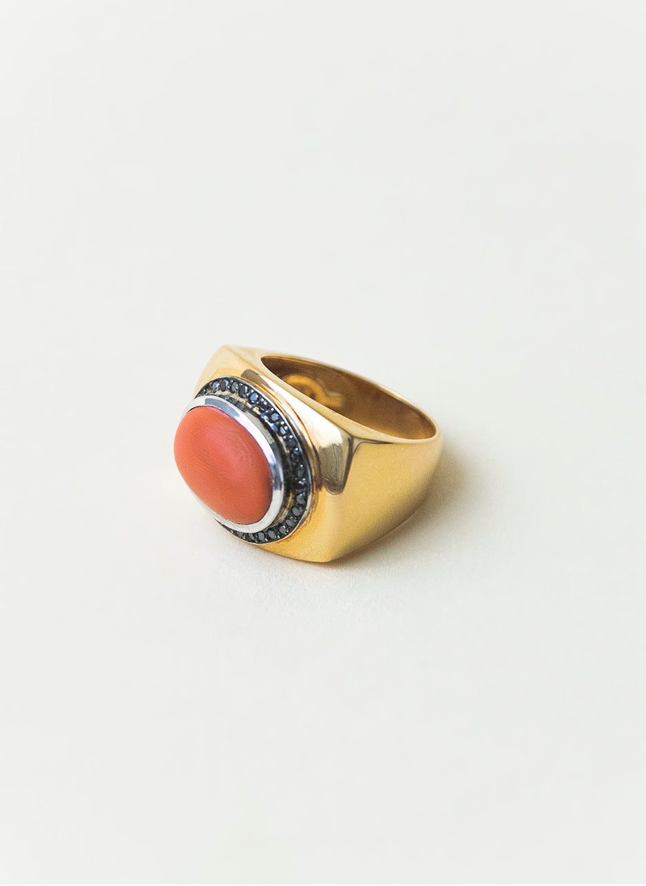 Coral and Black Diamond Tribute Ring