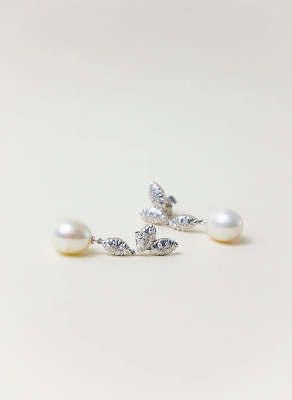 Long Pearl and Diamond Leaves Earrings