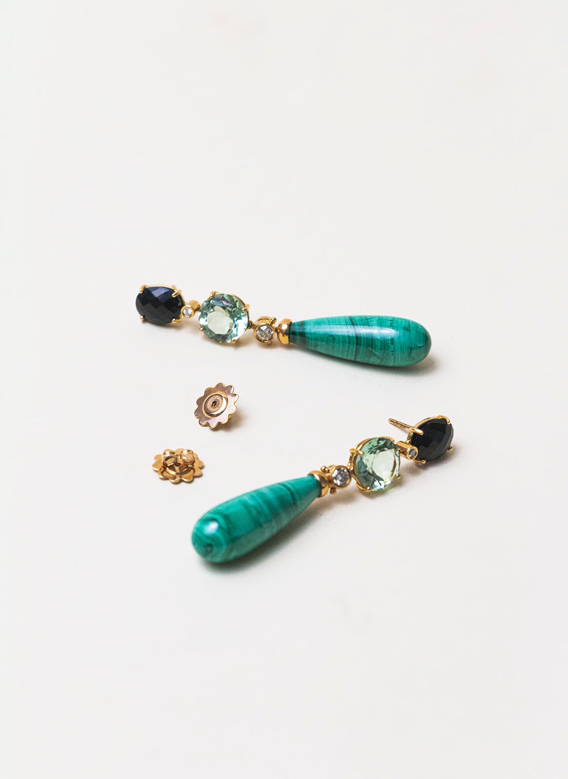 Rose Gold Earrings with Malachite, Onyx and Diamonds