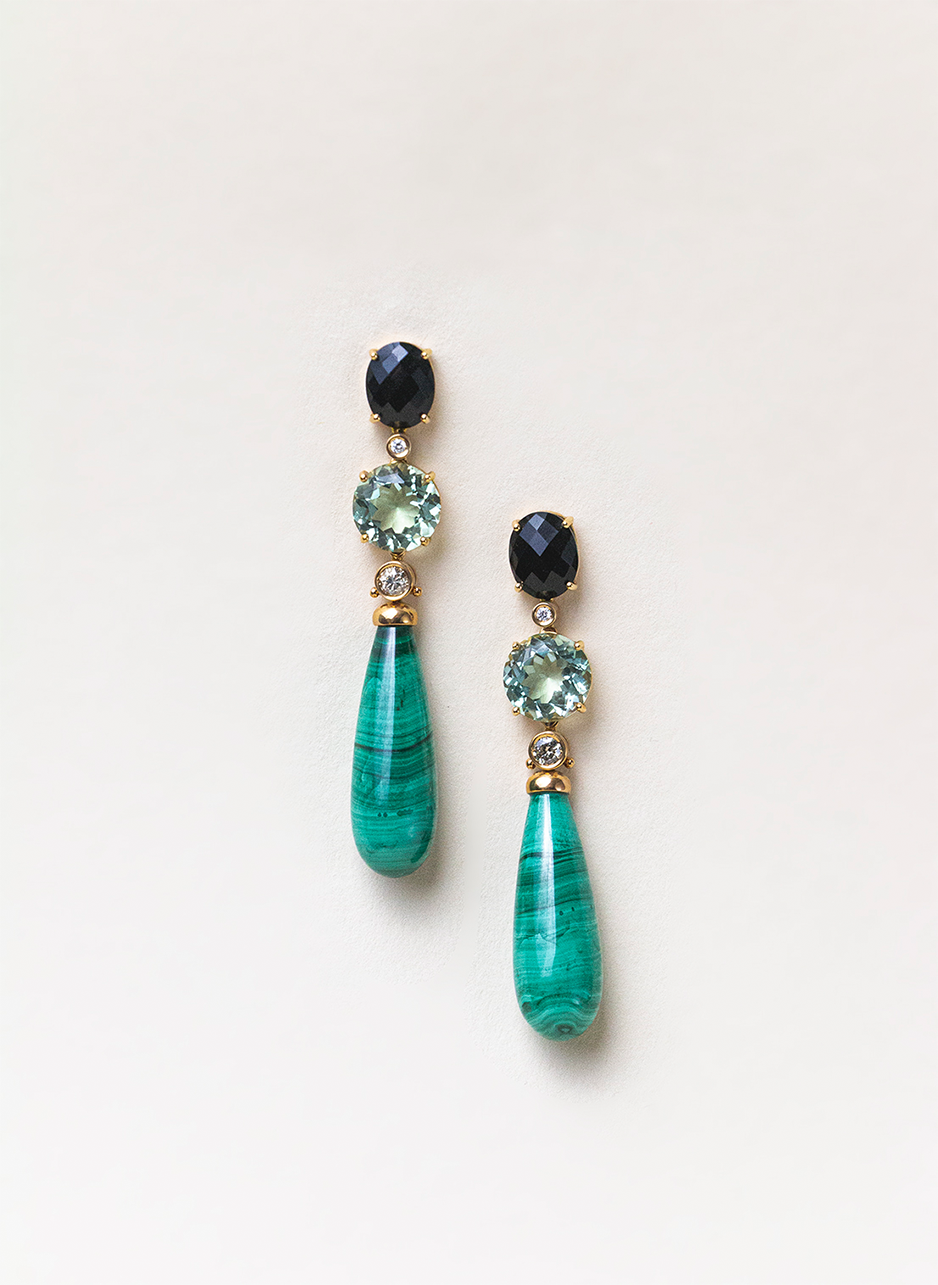 Rose Gold Earrings with Malachite, Onyx and Diamonds