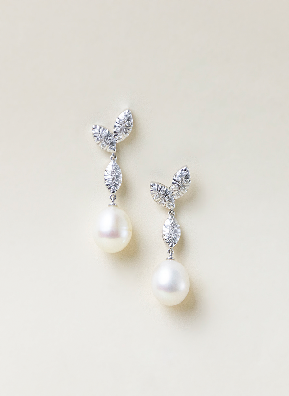 Long Pearl and Diamond Leaves Earrings